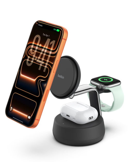 Belkin Qi2.2 25W Wireless Fast Charging Station, 3 in 1 iPhone Charger | Fast Charging, MagSafe Compatible, iPhone 17/16/15, Apple Watch, AirPods, Travel Charger, Magnetic