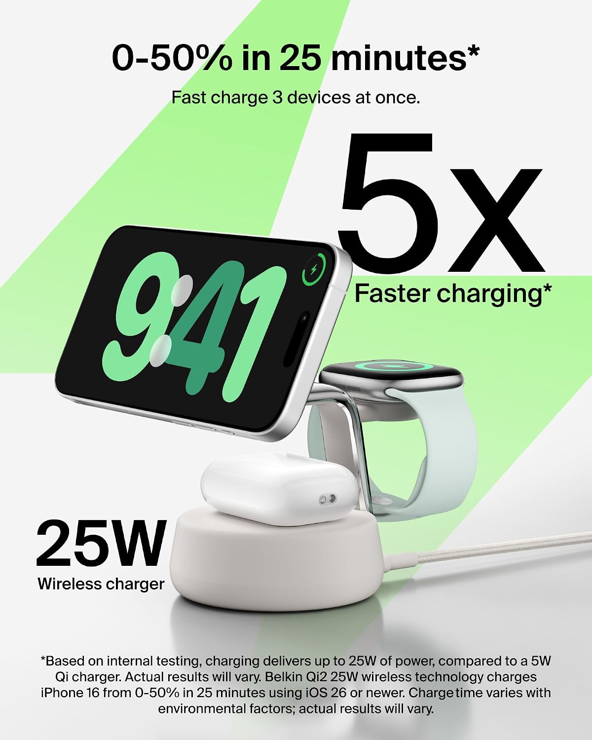 Belkin Qi2.2 25W Wireless Fast Charging Station, 3 in 1 iPhone Charger | Fast Charging, MagSafe Compatible, iPhone 17/16/15, Apple Watch, AirPods, Travel Charger, Magnetic
