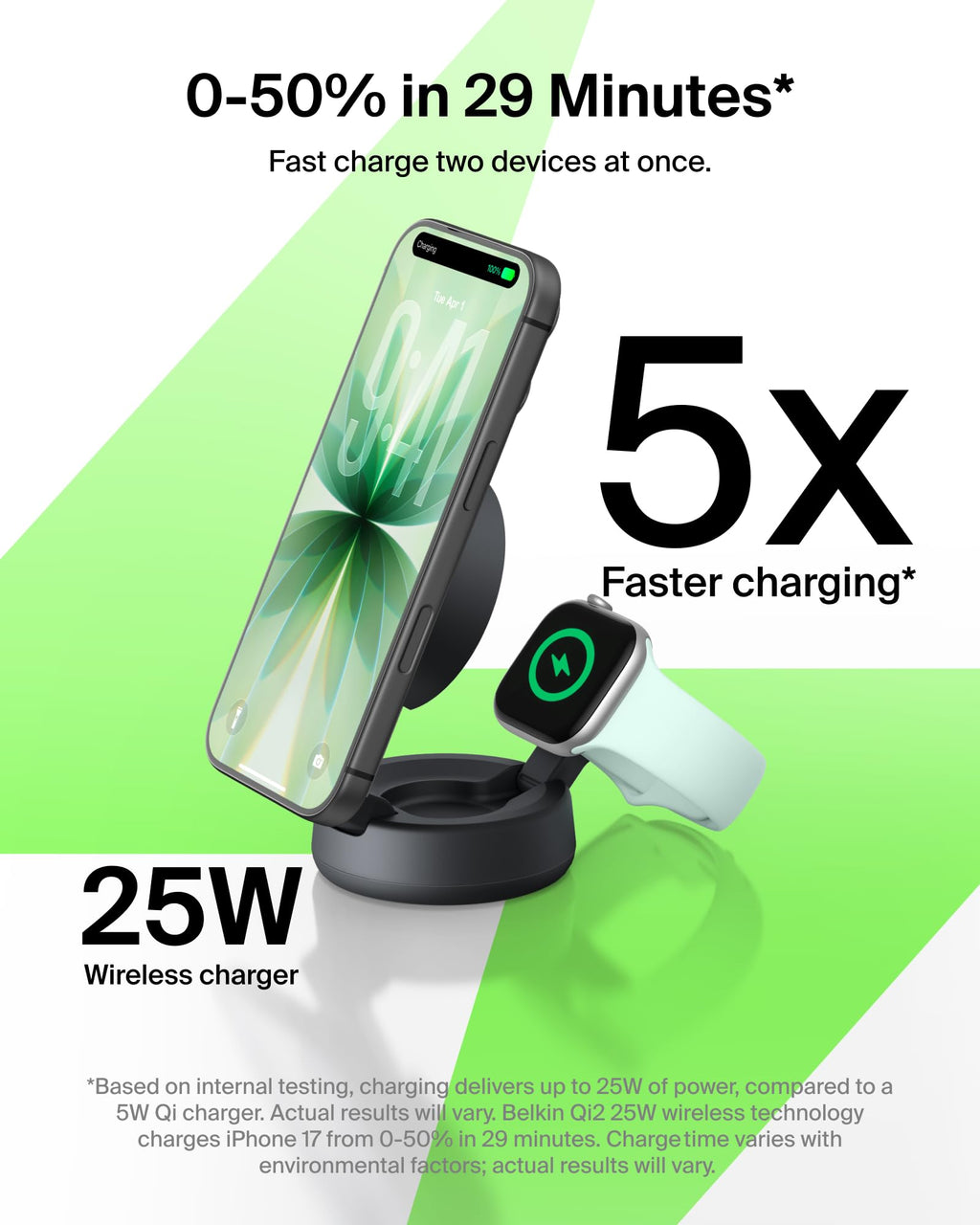 Belkin Qi2.2 25W Wireless Fast Charging Station, 3 in 1 iPhone Charger | Fast Charging, MagSafe Compatible, iPhone 17/16/15, Apple Watch, AirPods, Travel Charger, Magnetic