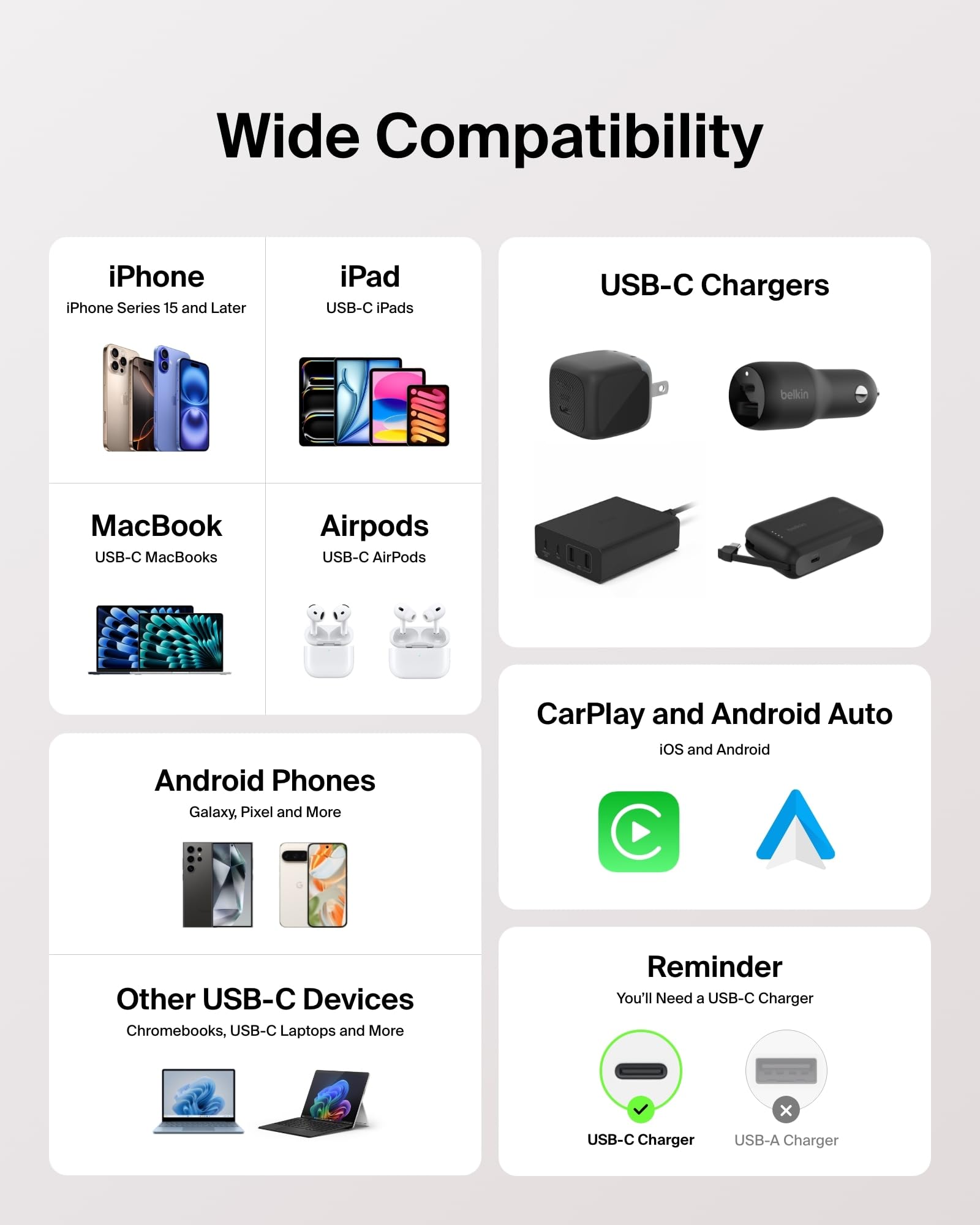 Belkin USB C to USB C 60W Braided Cable 2 Pack, 6.6ft iPhone Charger Cord | iPhone 15/16/17, Samsung Galaxy S26, Pixel 10, Airpods, iPad, Nintendo Switch 2, MacBook, Steam Deck, Travel, Chromebook