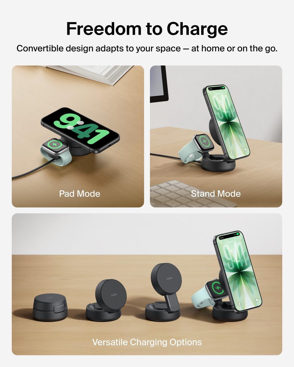 Belkin Qi2.2 25W Wireless Fast Charging Station, 3 in 1 iPhone Charger | Fast Charging, MagSafe Compatible, iPhone 17/16/15, Apple Watch, AirPods, Travel Charger, Magnetic