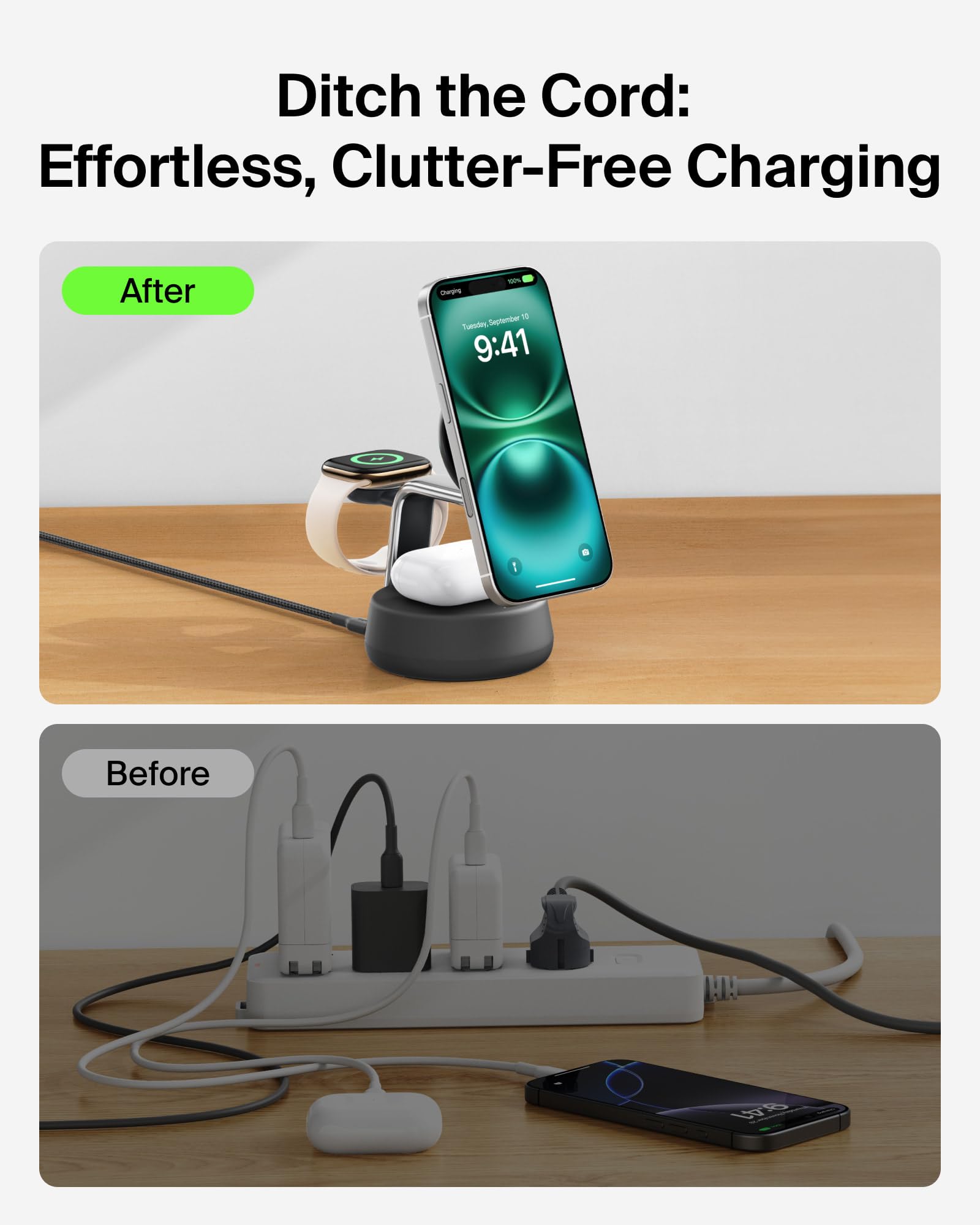 Belkin Qi2.2 25W Wireless Fast Charging Station, 3 in 1 iPhone Charger | Fast Charging, MagSafe Compatible, iPhone 17/16/15, Apple Watch, AirPods, Travel Charger, Magnetic