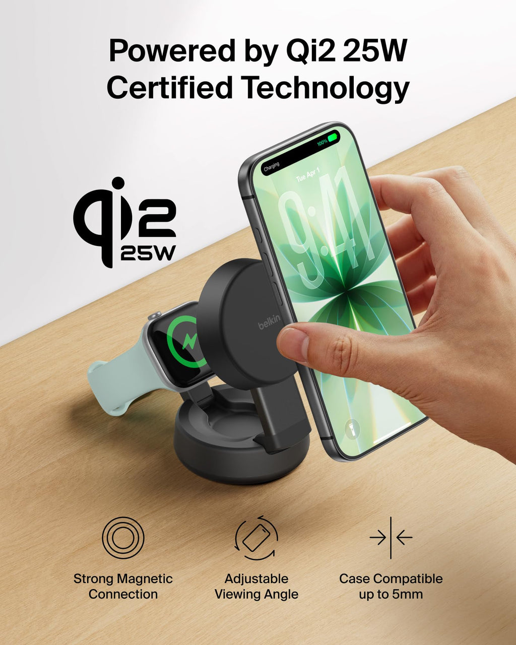 Belkin Qi2.2 25W Wireless Fast Charging Station, 3 in 1 iPhone Charger | Fast Charging, MagSafe Compatible, iPhone 17/16/15, Apple Watch, AirPods, Travel Charger, Magnetic