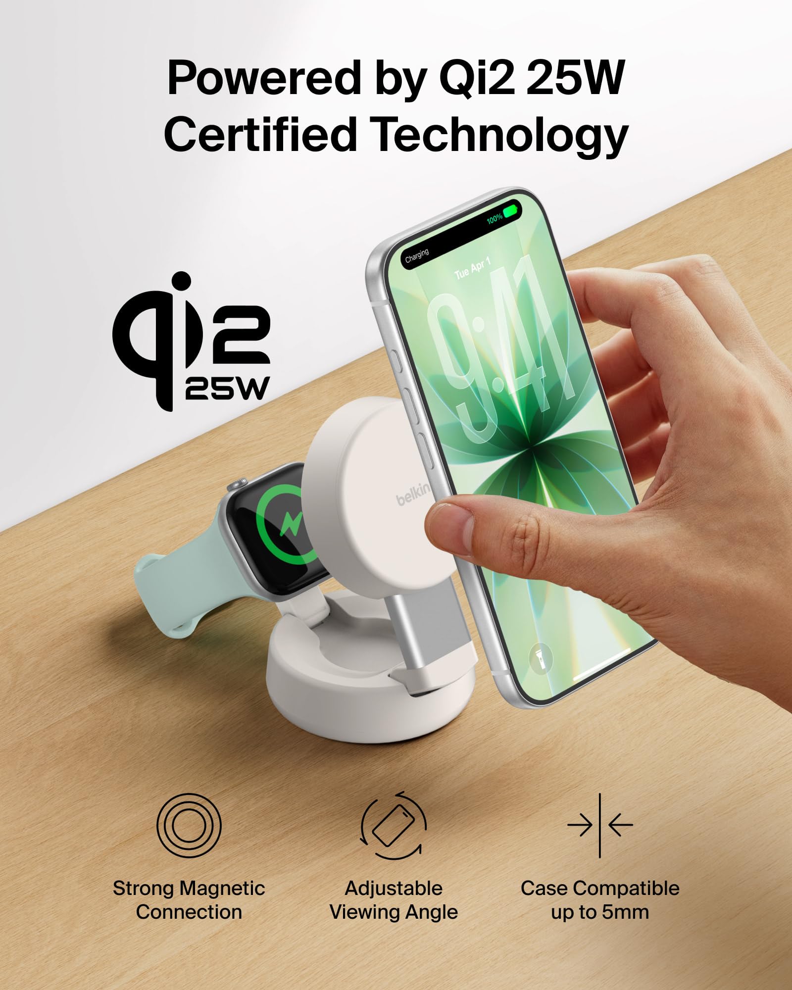 Belkin Qi2.2 25W Wireless Fast Charging Station, 3 in 1 iPhone Charger | Fast Charging, MagSafe Compatible, iPhone 17/16/15, Apple Watch, AirPods, Travel Charger, Magnetic