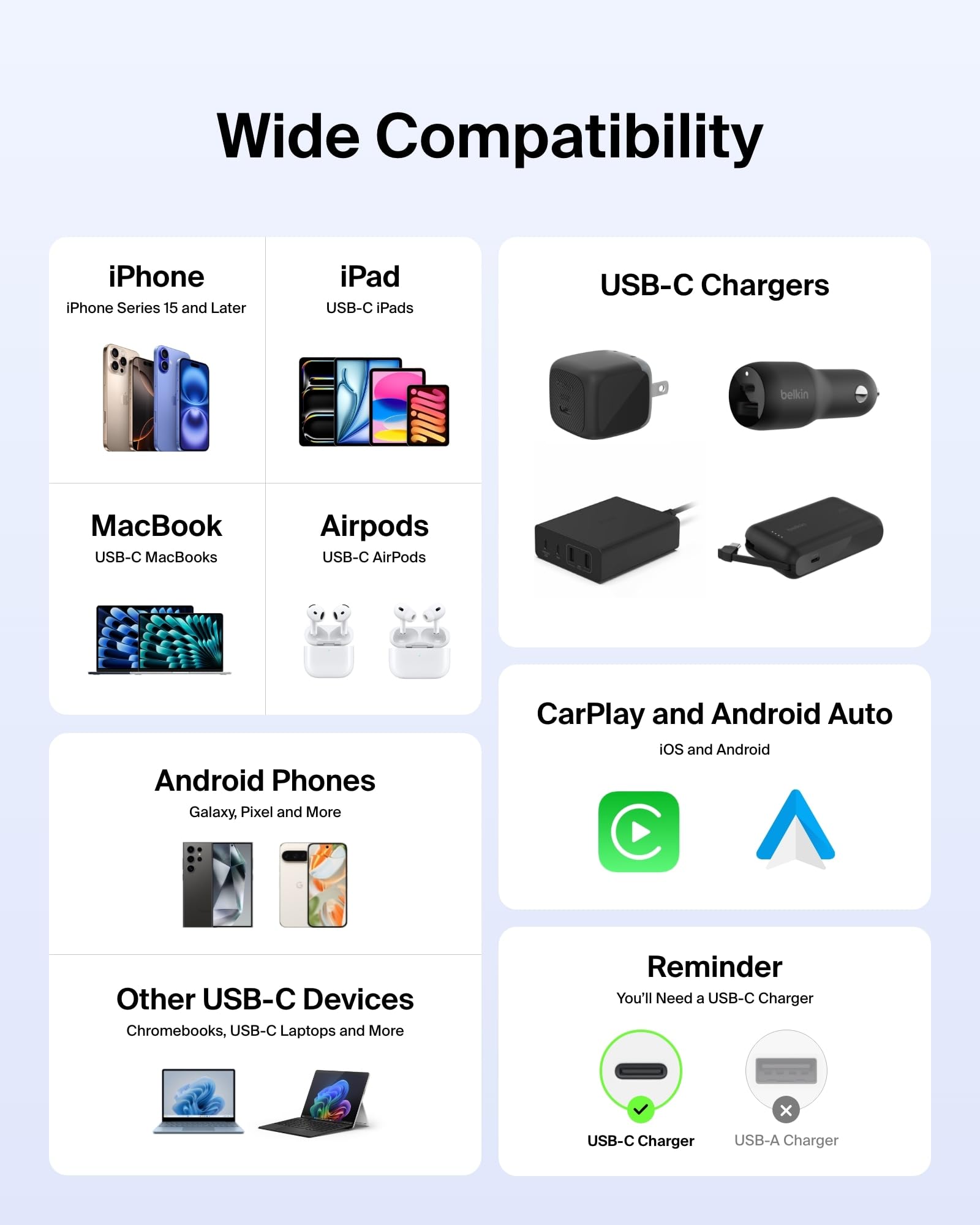 Belkin USB C to USB C 60W Braided Cable 2 Pack, 6.6ft iPhone Charger Cord | iPhone 15/16/17, Samsung Galaxy S26, Pixel 10, Airpods, iPad, Nintendo Switch 2, MacBook, Steam Deck, Travel, Chromebook