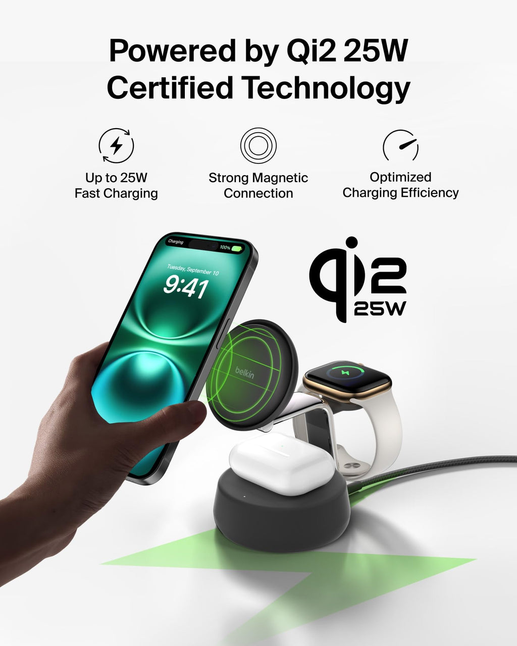 Belkin Qi2.2 25W Wireless Fast Charging Station, 3 in 1 iPhone Charger | Fast Charging, MagSafe Compatible, iPhone 17/16/15, Apple Watch, AirPods, Travel Charger, Magnetic