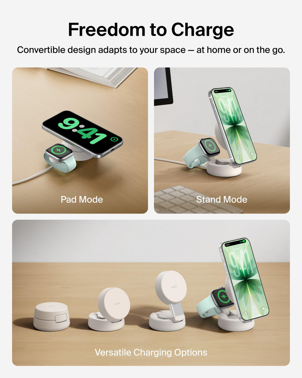 Belkin Qi2.2 25W Wireless Fast Charging Station, 3 in 1 iPhone Charger | Fast Charging, MagSafe Compatible, iPhone 17/16/15, Apple Watch, AirPods, Travel Charger, Magnetic