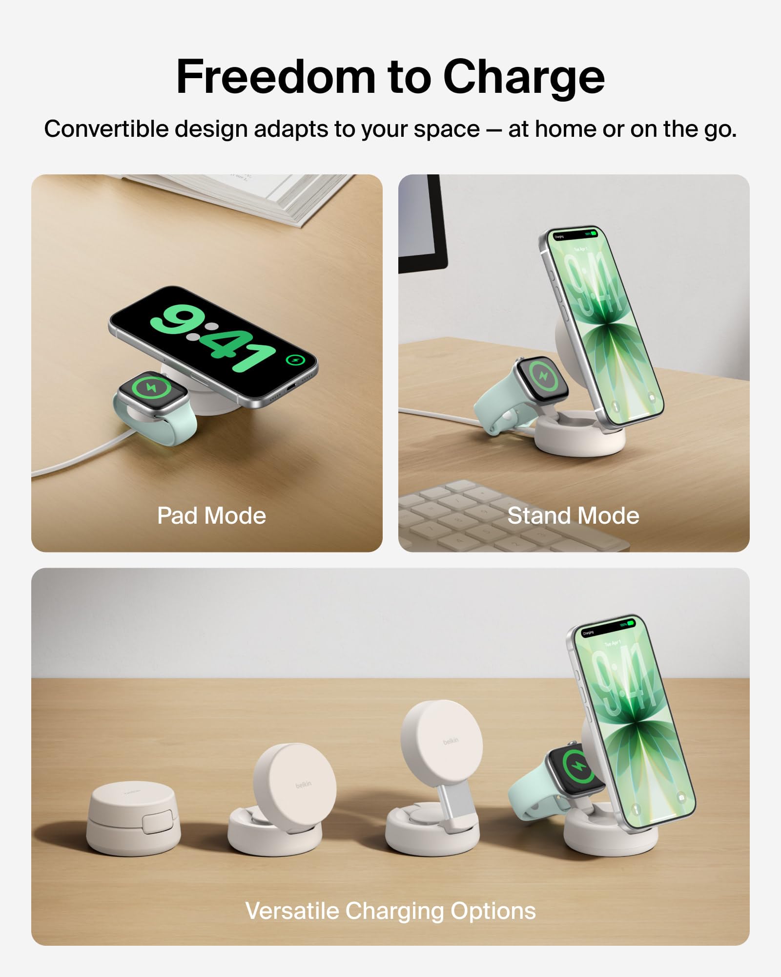 Belkin Qi2.2 25W Wireless Fast Charging Station, 3 in 1 iPhone Charger | Fast Charging, MagSafe Compatible, iPhone 17/16/15, Apple Watch, AirPods, Travel Charger, Magnetic