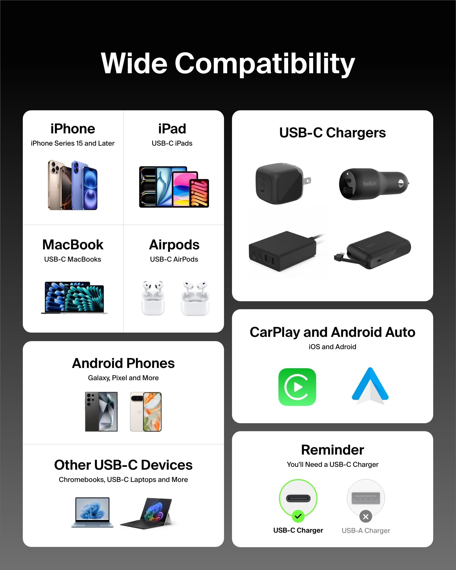 Belkin USB C to USB C 60W Braided Cable 2 Pack, 6.6ft iPhone Charger Cord | iPhone 15/16/17, Samsung Galaxy S26, Pixel 10, Airpods, iPad, Nintendo Switch 2, MacBook, Steam Deck, Travel, Chromebook