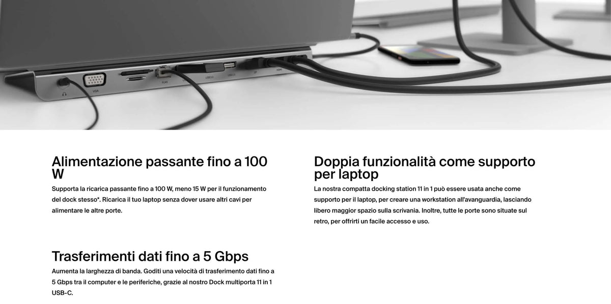 Dock multiporta USB-C 11-in-1 con connessioni per computer e alimentazione passante fino a 100 W.