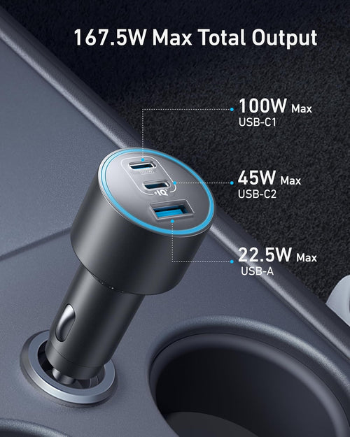 Anker Caricatore Auto USB C 167.5W Max, Accendisigari USB C 3-Porte Ultra-Compatto e Rapido, Per MacBook Pro/Air, iPhone 16/15/14/13 Serie, Samsung S24/S23, iPad Pro, AirPods, e Altro Ancora - ChargeCover