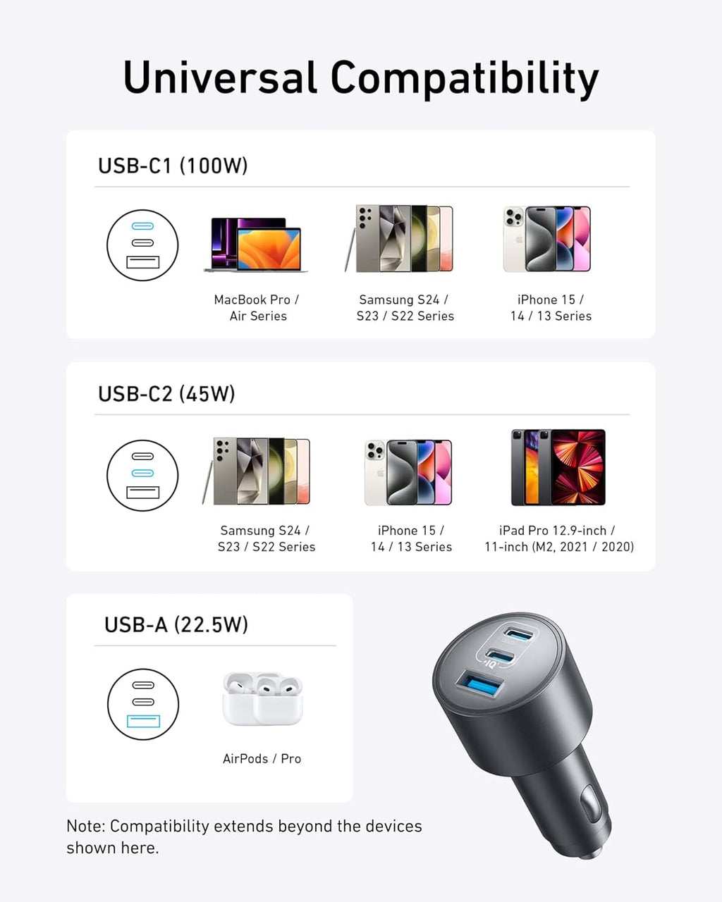 Anker Caricatore Auto USB C 167.5W Max, Accendisigari USB C 3-Porte Ultra-Compatto e Rapido, Per MacBook Pro/Air, iPhone 16/15/14/13 Serie, Samsung S24/S23, iPad Pro, AirPods, e Altro Ancora - ChargeCover