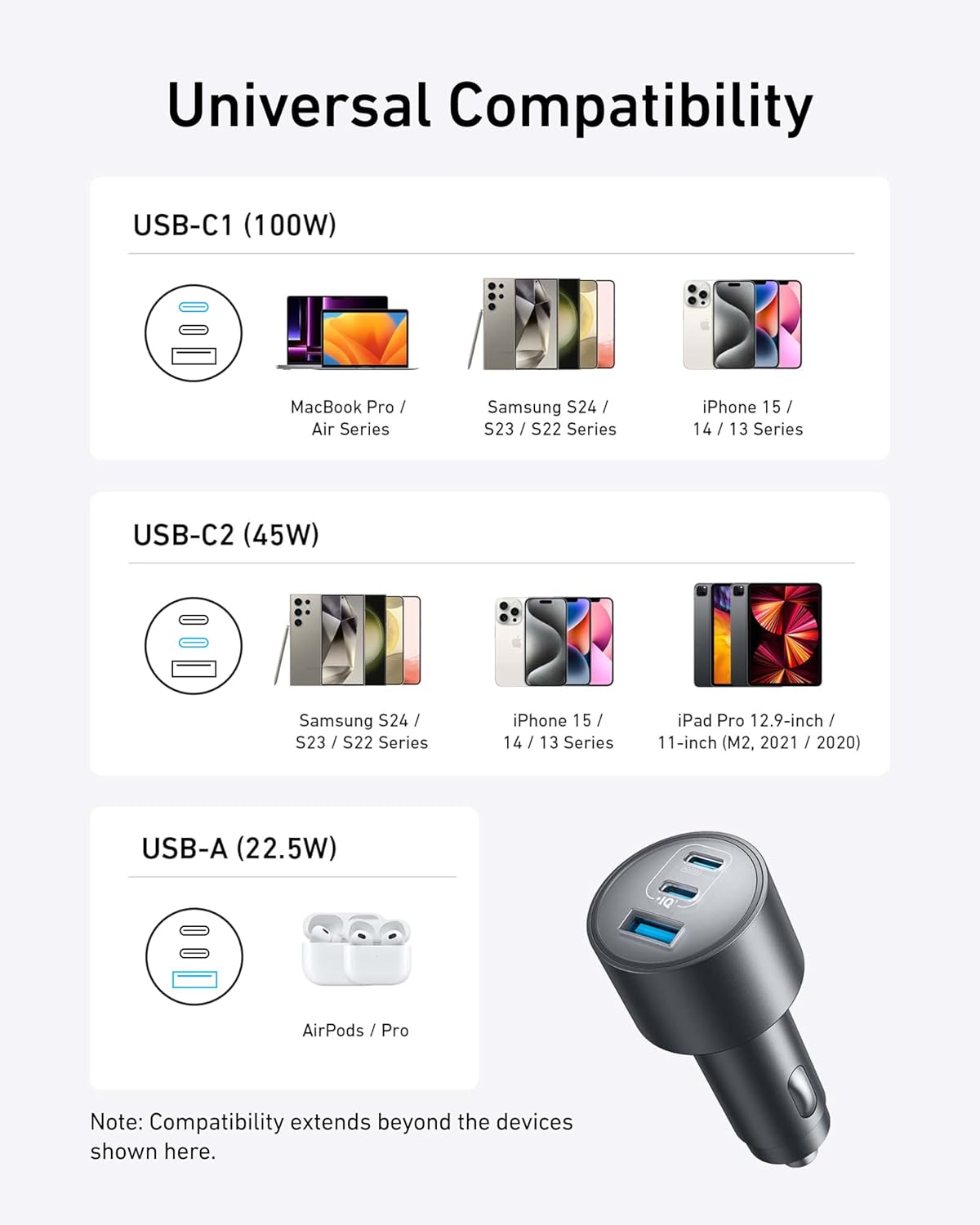 Anker Caricatore Auto USB C 167.5W Max, Accendisigari USB C 3-Porte Ultra-Compatto e Rapido, Per MacBook Pro/Air, iPhone 16/15/14/13 Serie, Samsung S24/S23, iPad Pro, AirPods, e Altro Ancora - ChargeCover