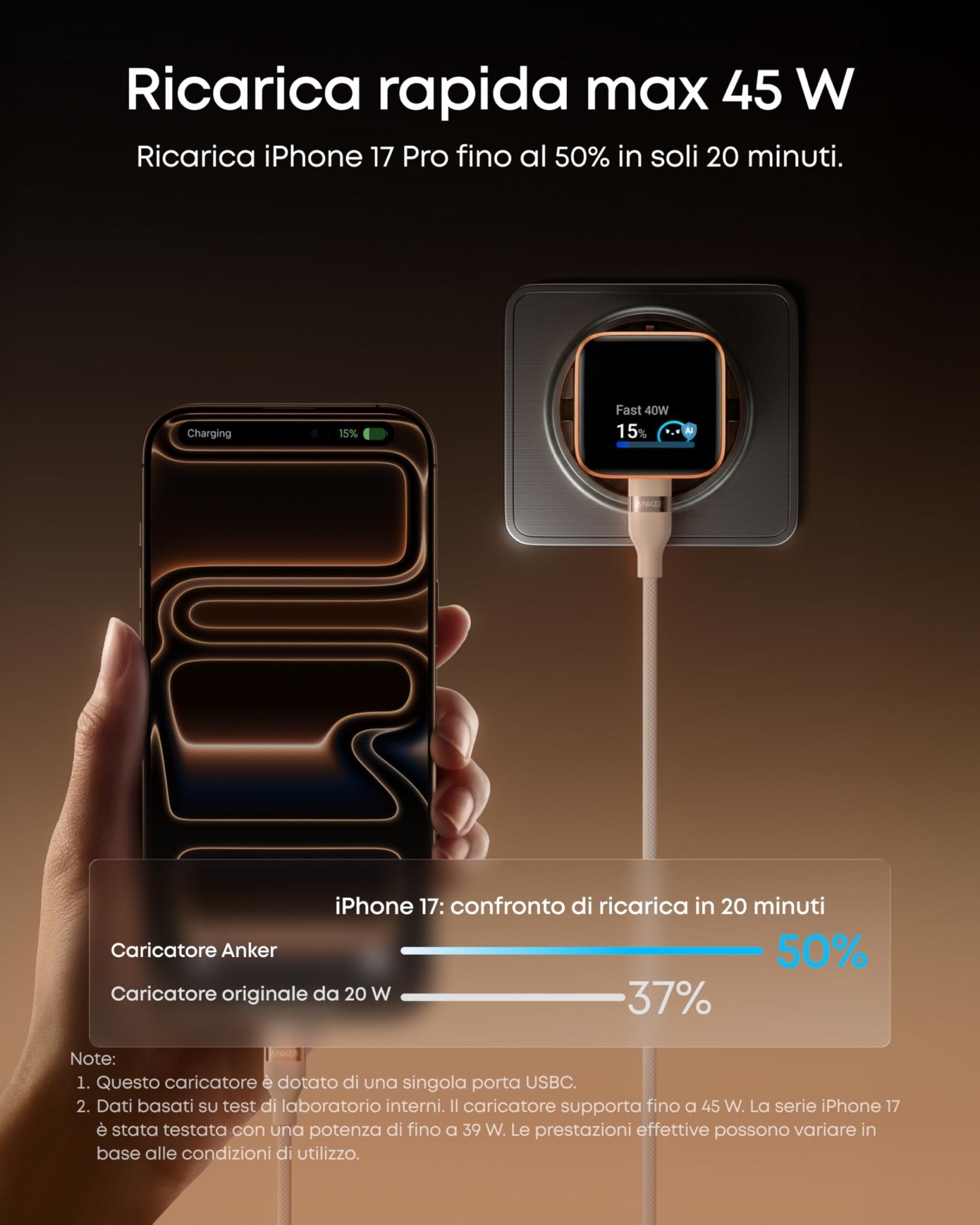 Anker Nano caricatore iPhone USB-C 45W smart display | Ricarica rapida, riconoscimento intelligente, modalità Care, design compatto, per iPhone 17/16/15, iPad - ChargeCover