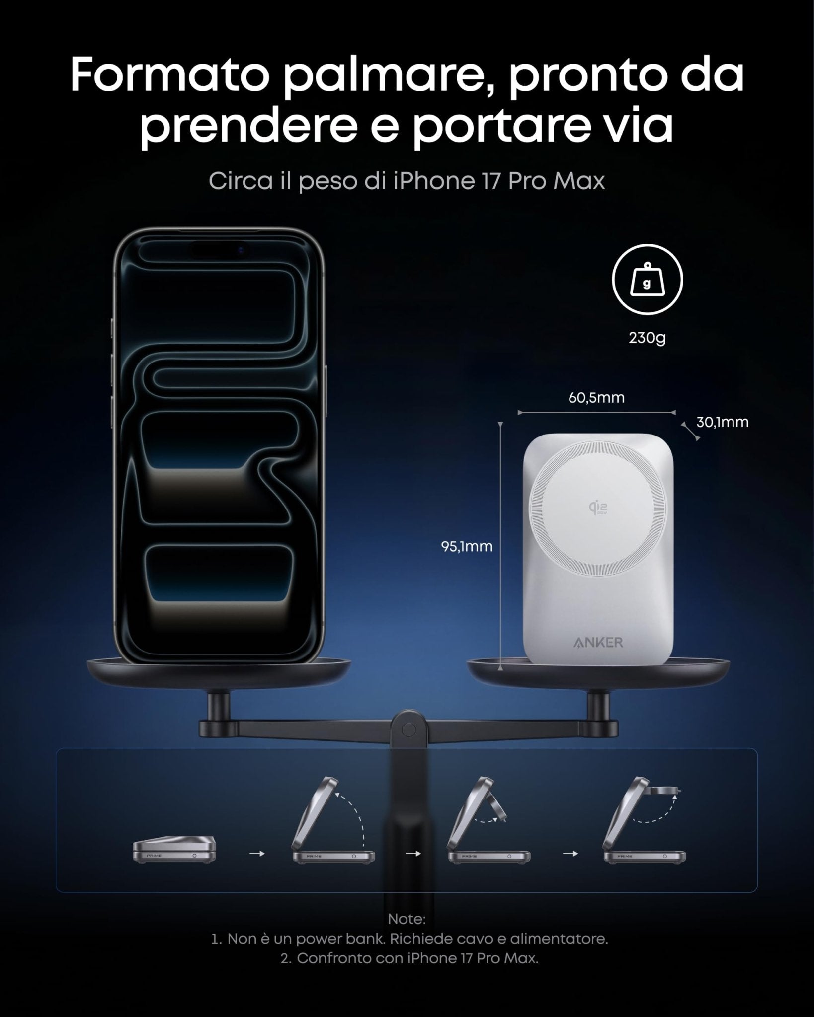Anker Prime caricatore wireless iPhone 3 in 1 certificato Qi2.2 da 25 W | MagSafe compatibile, pieghevole e compatta. Ricarica iPhone 17/16, Apple Watch, AirPods (senza batteria, adattatore incluso) - ChargeCover