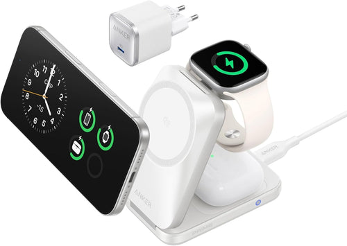 Anker Prime caricatore wireless iPhone 3 in 1 certificato Qi2.2 da 25 W | MagSafe compatibile, pieghevole e compatta. Ricarica iPhone 17/16, Apple Watch, AirPods (senza batteria, adattatore incluso) - ChargeCover