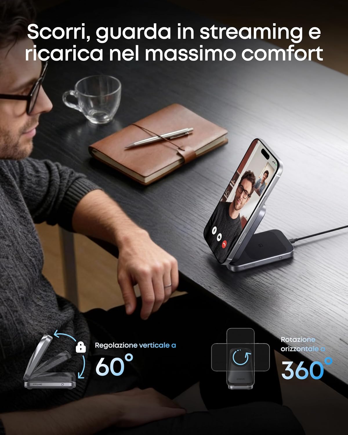 Anker Prime caricatore wireless iPhone 3 in 1 certificato Qi2.2 da 25 W | MagSafe compatibile, pieghevole e compatta. Ricarica iPhone 17/16, Apple Watch, AirPods (senza batteria, adattatore incluso) - ChargeCover