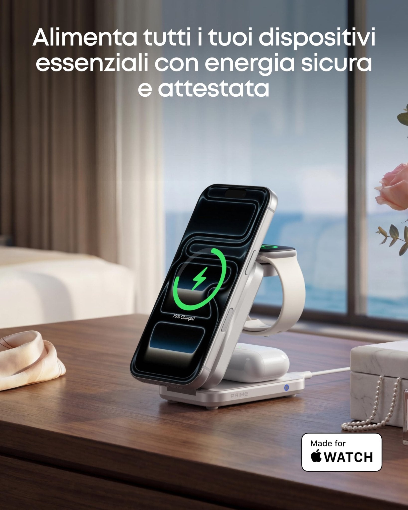 Anker Prime caricatore wireless iPhone 3 in 1 certificato Qi2.2 da 25 W | MagSafe compatibile, pieghevole e compatta. Ricarica iPhone 17/16, Apple Watch, AirPods (senza batteria, adattatore incluso) - ChargeCover
