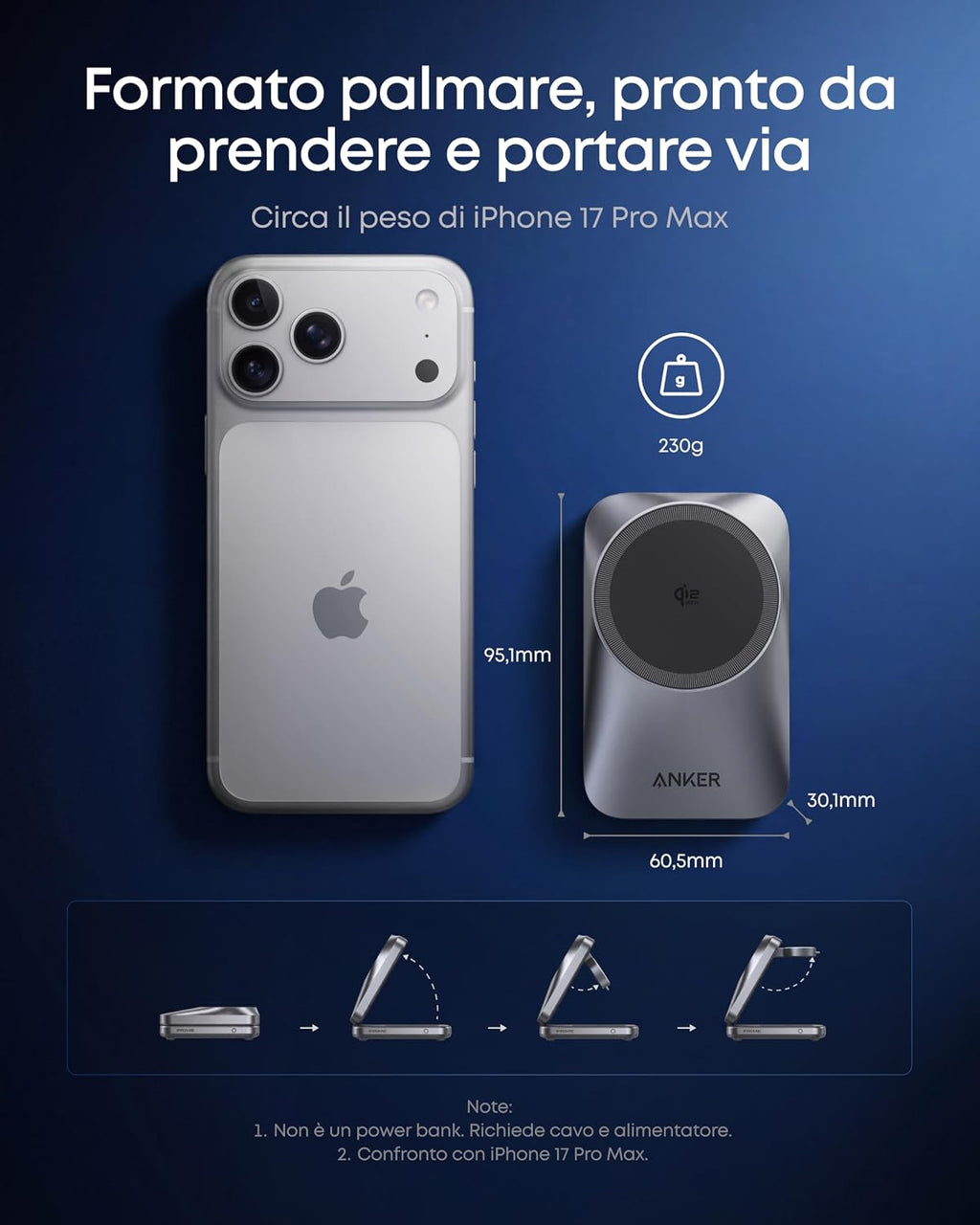 Anker Prime caricatore wireless iPhone 3 in 1 certificato Qi2.2 da 25 W | MagSafe compatibile, pieghevole e compatta. Ricarica iPhone 17/16, Apple Watch, AirPods (senza batteria, adattatore incluso) - ChargeCover