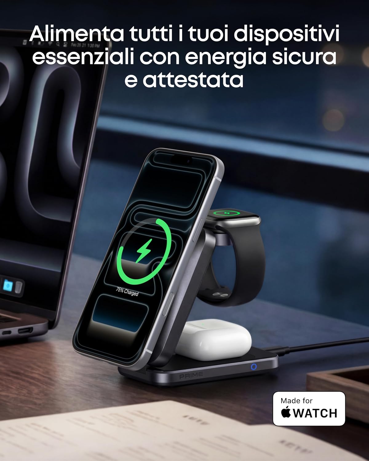 Anker Prime caricatore wireless iPhone 3 in 1 certificato Qi2.2 da 25 W | MagSafe compatibile, pieghevole e compatta. Ricarica iPhone 17/16, Apple Watch, AirPods (senza batteria, adattatore incluso) - ChargeCover