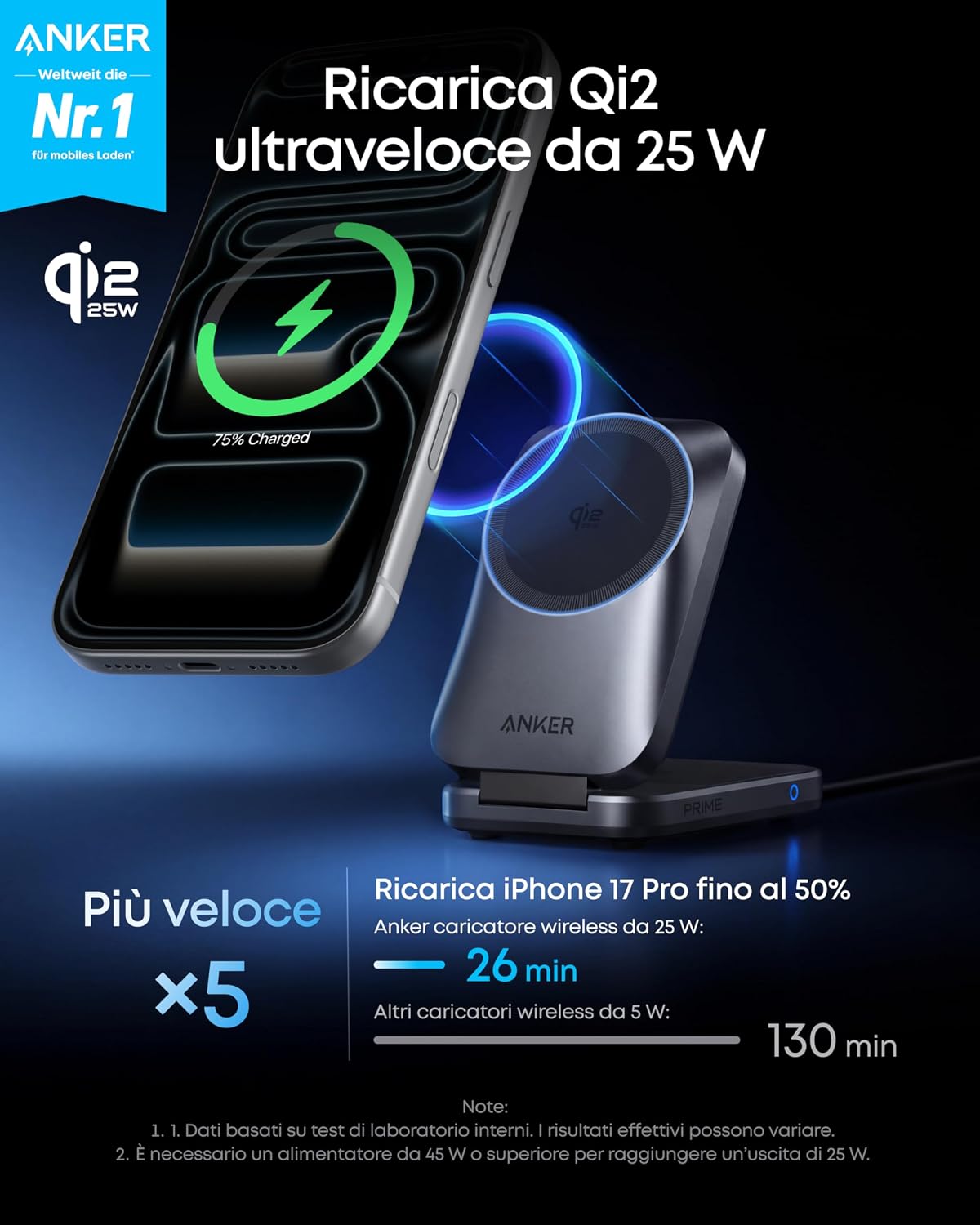 Anker Prime caricatore wireless iPhone 3 in 1 certificato Qi2.2 da 25 W | MagSafe compatibile, pieghevole e compatta. Ricarica iPhone 17/16, Apple Watch, AirPods (senza batteria, adattatore incluso) - ChargeCover