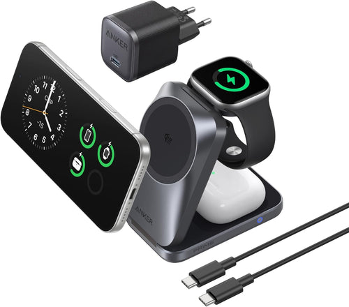 Anker Prime caricatore wireless iPhone 3 in 1 certificato Qi2.2 da 25 W | MagSafe compatibile, pieghevole e compatta. Ricarica iPhone 17/16, Apple Watch, AirPods (senza batteria, adattatore incluso) - ChargeCover