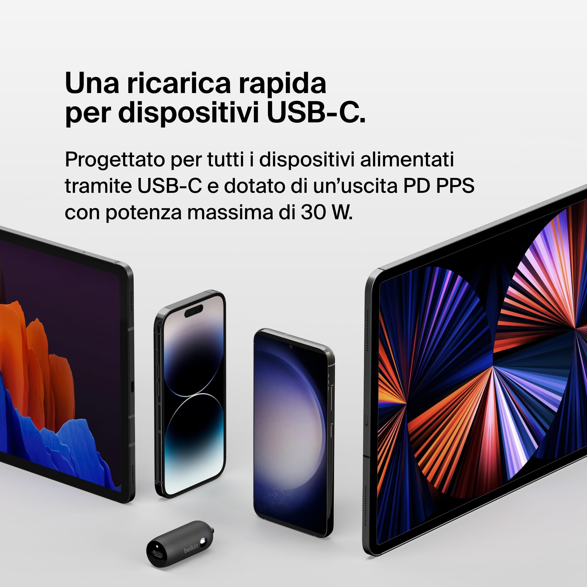 Belkin BoostCharge Caricabatteria da auto rapido da 30 W, design compatto con porta USB-C PD, compatibilità universale per iPhone 16, 15, 14, Galaxy S24, S23, Note, iPad | Ricarica rapida compatta, alimentazione USB-C, per iPhone 16, iPhone 15, Galaxy S25 - ChargeCover
