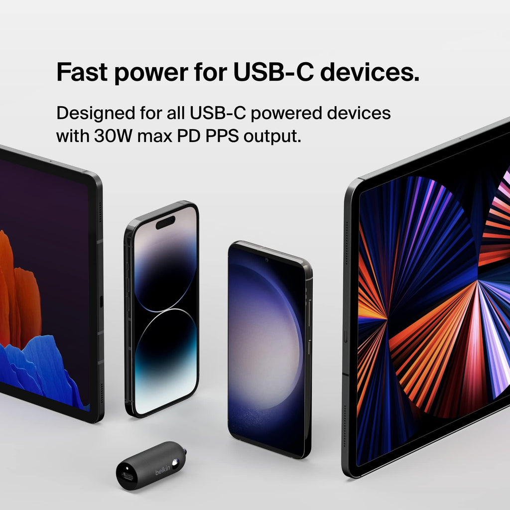 Belkin BoostCharge Caricabatteria da auto rapido da 30 W, design compatto con porta USB-C PD, compatibilità universale per iPhone 16, 15, 14, Galaxy S24, S23, Note, iPad | Ricarica rapida compatta, alimentazione USB-C, per iPhone 16, iPhone 15, Galaxy S25 - ChargeCover