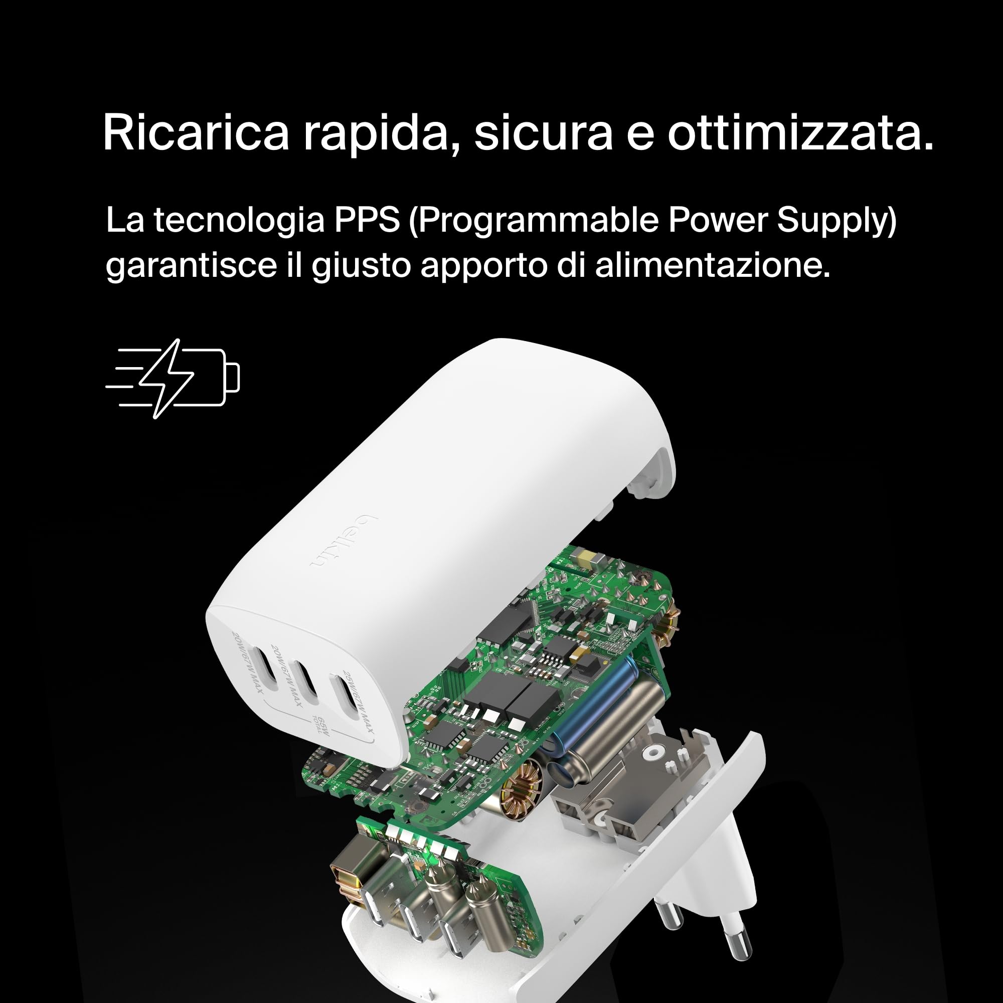 Belkin BoostCharge Caricabatteria da parete a 3 porte USB-C con PPS da 67 W, caricabatteria rapido per iPhone 16, MacBook Pro, AirPods, Samsung Galaxy e altri dispositivi con Power Delivery - Bianco - ChargeCover