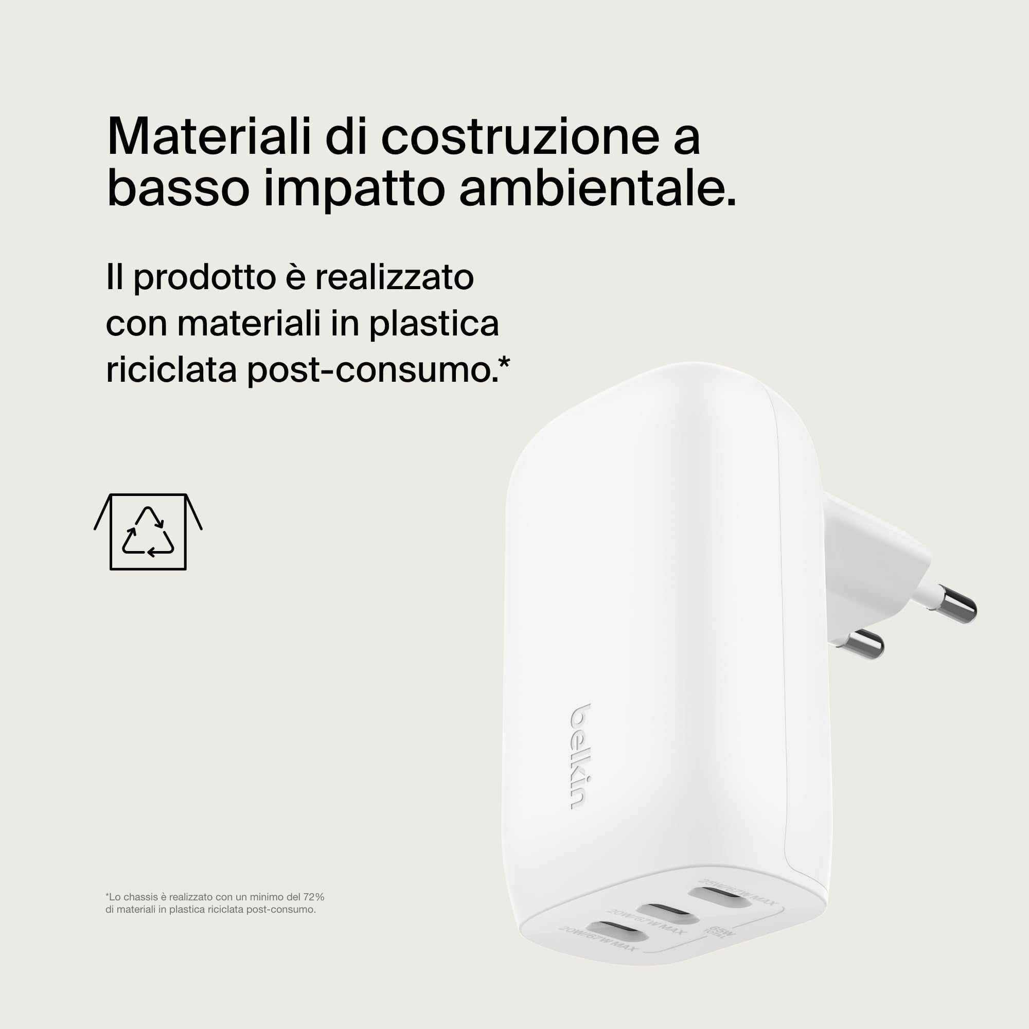 Belkin BoostCharge Caricabatteria da parete a 3 porte USB-C con PPS da 67 W, caricabatteria rapido per iPhone 16, MacBook Pro, AirPods, Samsung Galaxy e altri dispositivi con Power Delivery - Bianco - ChargeCover