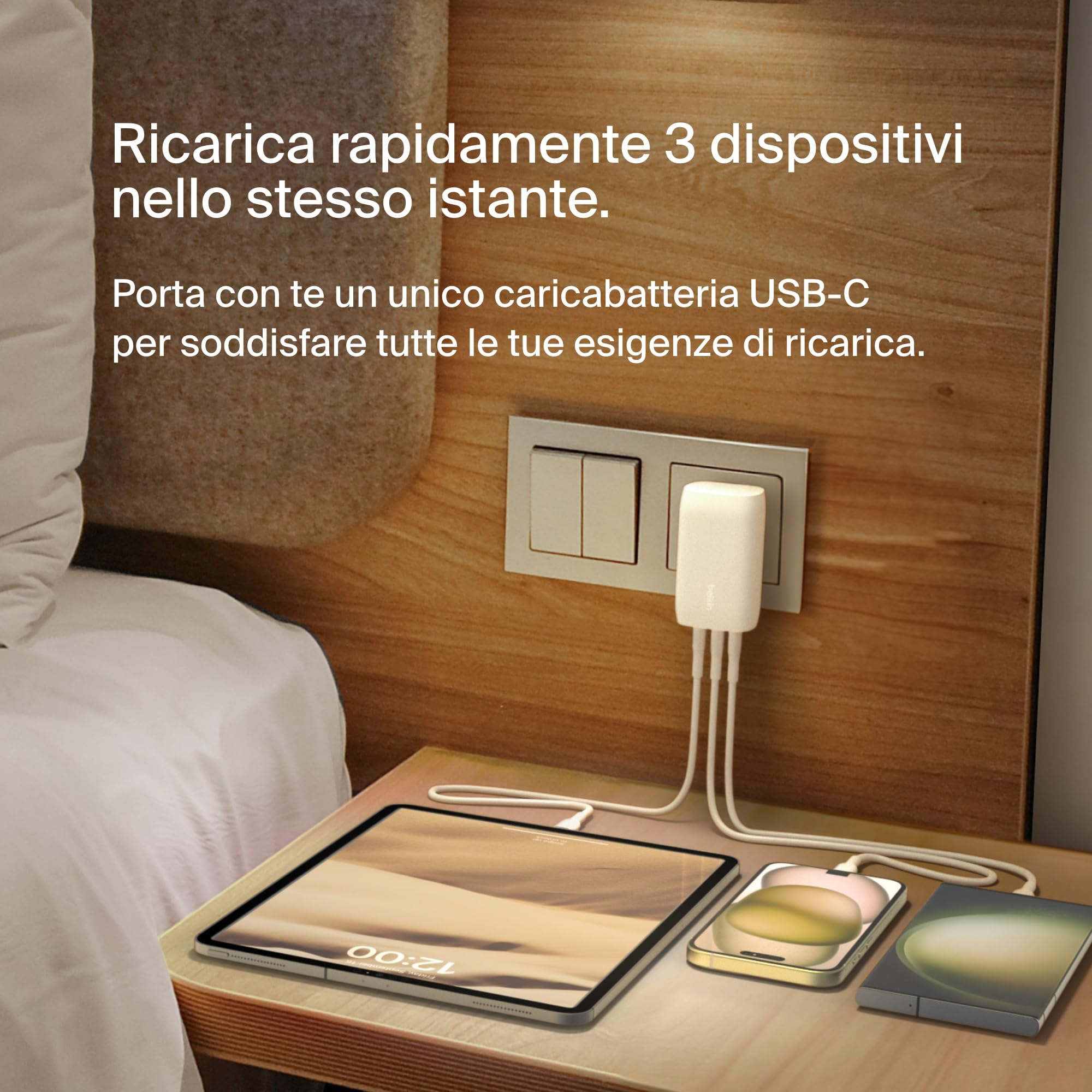Belkin BoostCharge Caricabatteria da parete a 3 porte USB-C con PPS da 67 W, caricabatteria rapido per iPhone 16, MacBook Pro, AirPods, Samsung Galaxy e altri dispositivi con Power Delivery - Bianco - ChargeCover