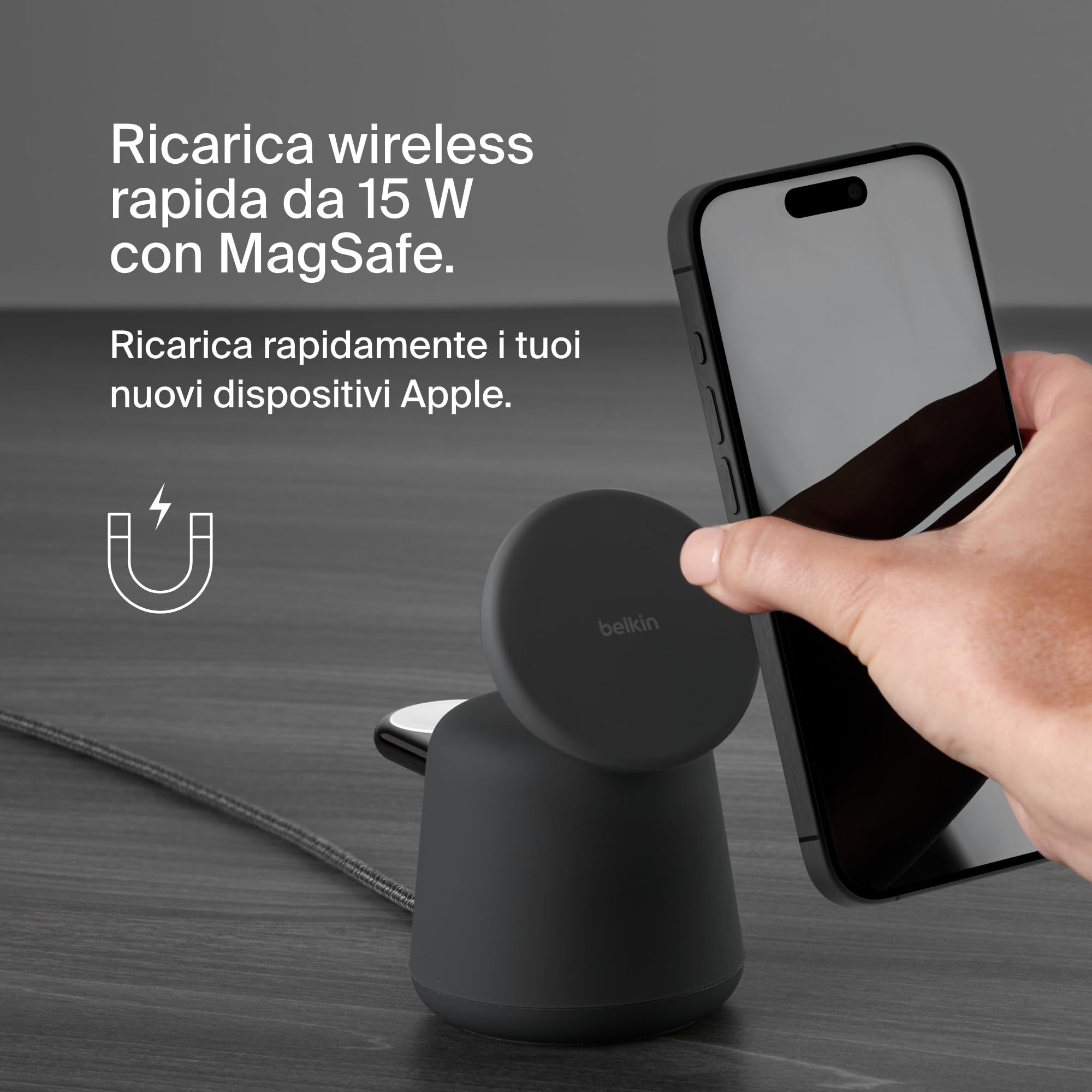 Belkin BoostCharge Caricabatteria wireless 2 in 1 con Qi2 da 15 W, caricatore MagSafe per iPhone 16, 15, 14, 13, 12, Apple Watch, AirPods e altri dispositivi Qi2, alimentatore incluso, Carbone | Base di Ricarica Magnetica MagSafe, Caricatore da Muro 30W I - ChargeCover