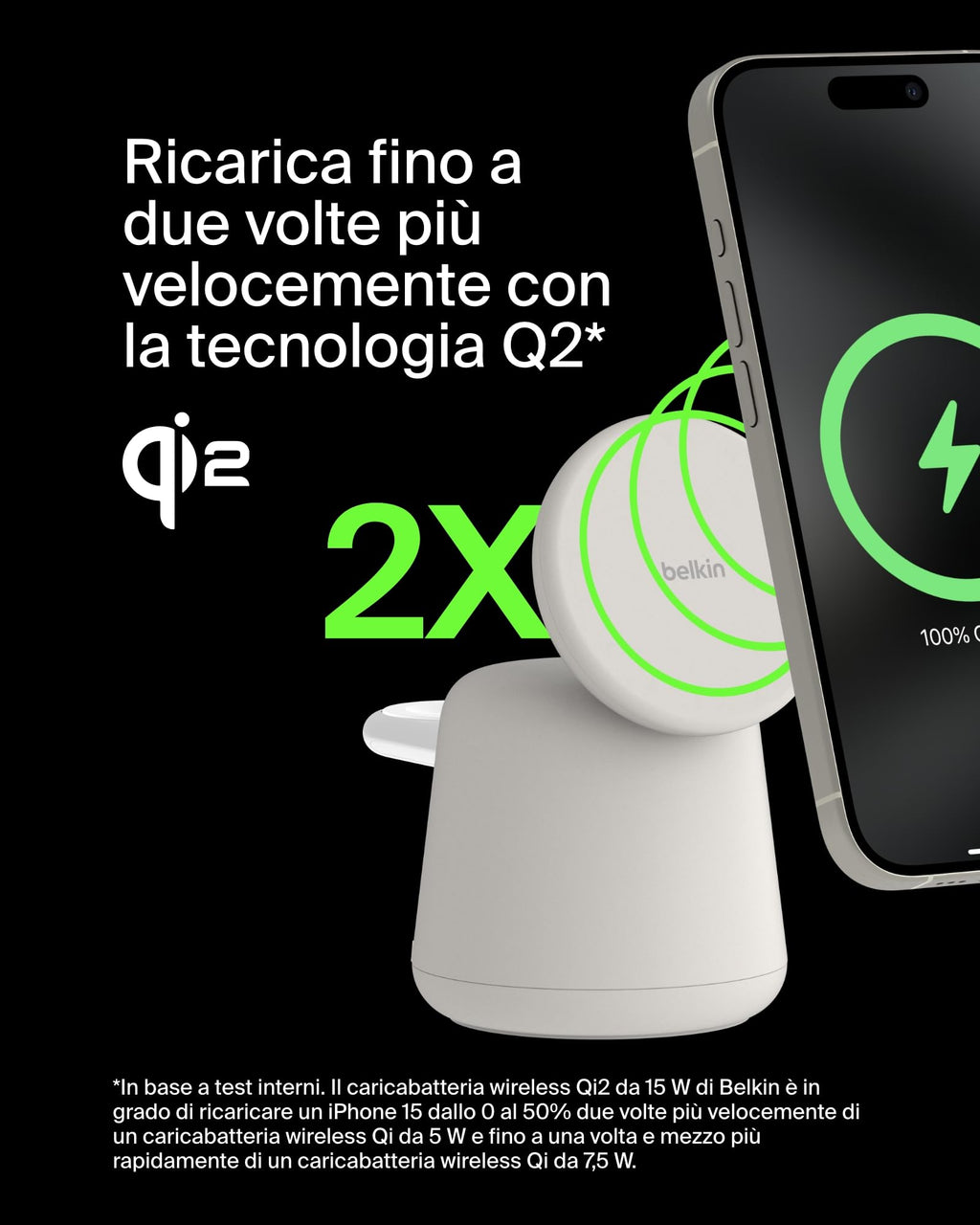 Belkin BoostCharge Caricabatteria wireless 2 in 1 con Qi2 da 15 W, caricatore MagSafe per iPhone 16, 15, 14, 13, 12, Apple Watch, AirPods e altri dispositivi Qi2, alimentatore incluso, Carbone | Base di Ricarica Magnetica MagSafe, Caricatore da Muro 30W I - ChargeCover