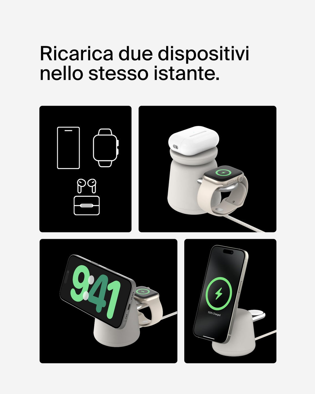 Belkin BoostCharge Caricabatteria wireless 2 in 1 con Qi2 da 15 W, caricatore MagSafe per iPhone 16, 15, 14, 13, 12, Apple Watch, AirPods e altri dispositivi Qi2, alimentatore incluso, Carbone | Base di Ricarica Magnetica MagSafe, Caricatore da Muro 30W I - ChargeCover