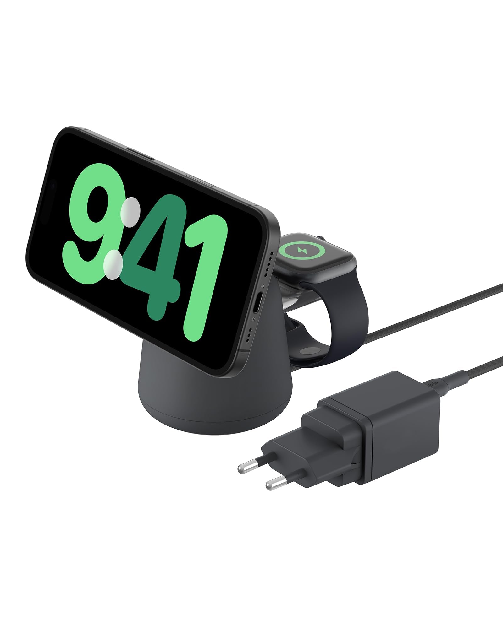 Belkin BoostCharge Caricabatteria wireless 2 in 1 con Qi2 da 15 W, caricatore MagSafe per iPhone 16, 15, 14, 13, 12, Apple Watch, AirPods e altri dispositivi Qi2, alimentatore incluso, Carbone | Base di Ricarica Magnetica MagSafe, Caricatore da Muro 30W I - ChargeCover