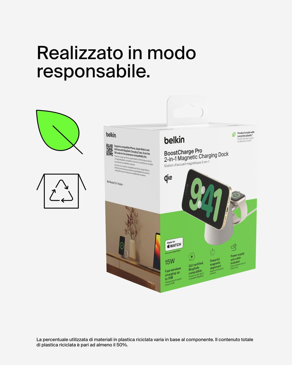 Belkin BoostCharge Caricabatteria wireless 2 in 1 con Qi2 da 15 W, caricatore MagSafe per iPhone 16, 15, 14, 13, 12, Apple Watch, AirPods e altri dispositivi Qi2, alimentatore incluso, Carbone | Base di Ricarica Magnetica MagSafe, Caricatore da Muro 30W I - ChargeCover