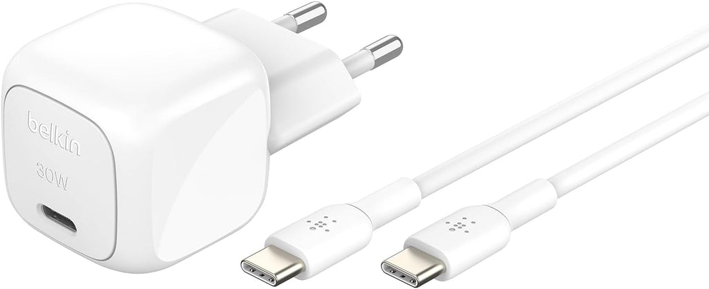 Belkin BoostCharge Caricabatterie da muro compatto da 30 W, caricatore USB-C rapido da viaggio per Apple iPhone, Samsung Galaxy, iPad, AirPods, tablet e altri, cavo da USB-C a C incluso, bianco - ChargeCover