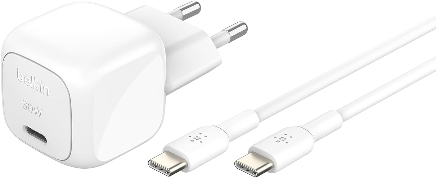 Belkin BoostCharge Caricabatterie da muro compatto da 30 W, caricatore USB-C rapido da viaggio per Apple iPhone, Samsung Galaxy, iPad, AirPods, tablet e altri, cavo da USB-C a C incluso, bianco - ChargeCover