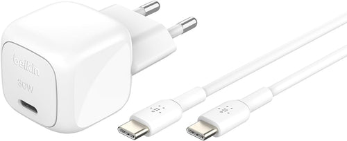 Belkin BoostCharge Caricabatterie da muro compatto da 30 W, caricatore USB-C rapido da viaggio per Apple iPhone, Samsung Galaxy, iPad, AirPods, tablet e altri, cavo da USB-C a C incluso, bianco - ChargeCover
