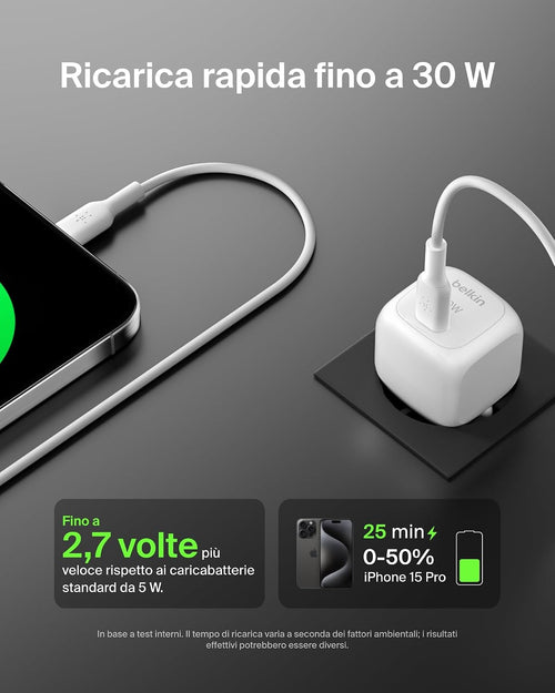 Belkin BoostCharge Caricabatterie da muro compatto da 30 W, caricatore USB-C rapido da viaggio per Apple iPhone, Samsung Galaxy, iPad, AirPods, tablet e altri, cavo da USB-C a C incluso, bianco - ChargeCover
