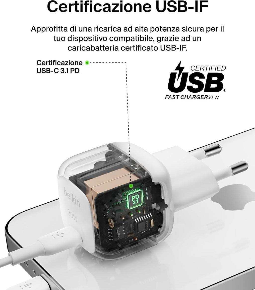 Belkin BoostCharge Caricabatterie da muro compatto da 30 W, caricatore USB-C rapido da viaggio per Apple iPhone, Samsung Galaxy, iPad, AirPods, tablet e altri, cavo da USB-C a C incluso, bianco - ChargeCover