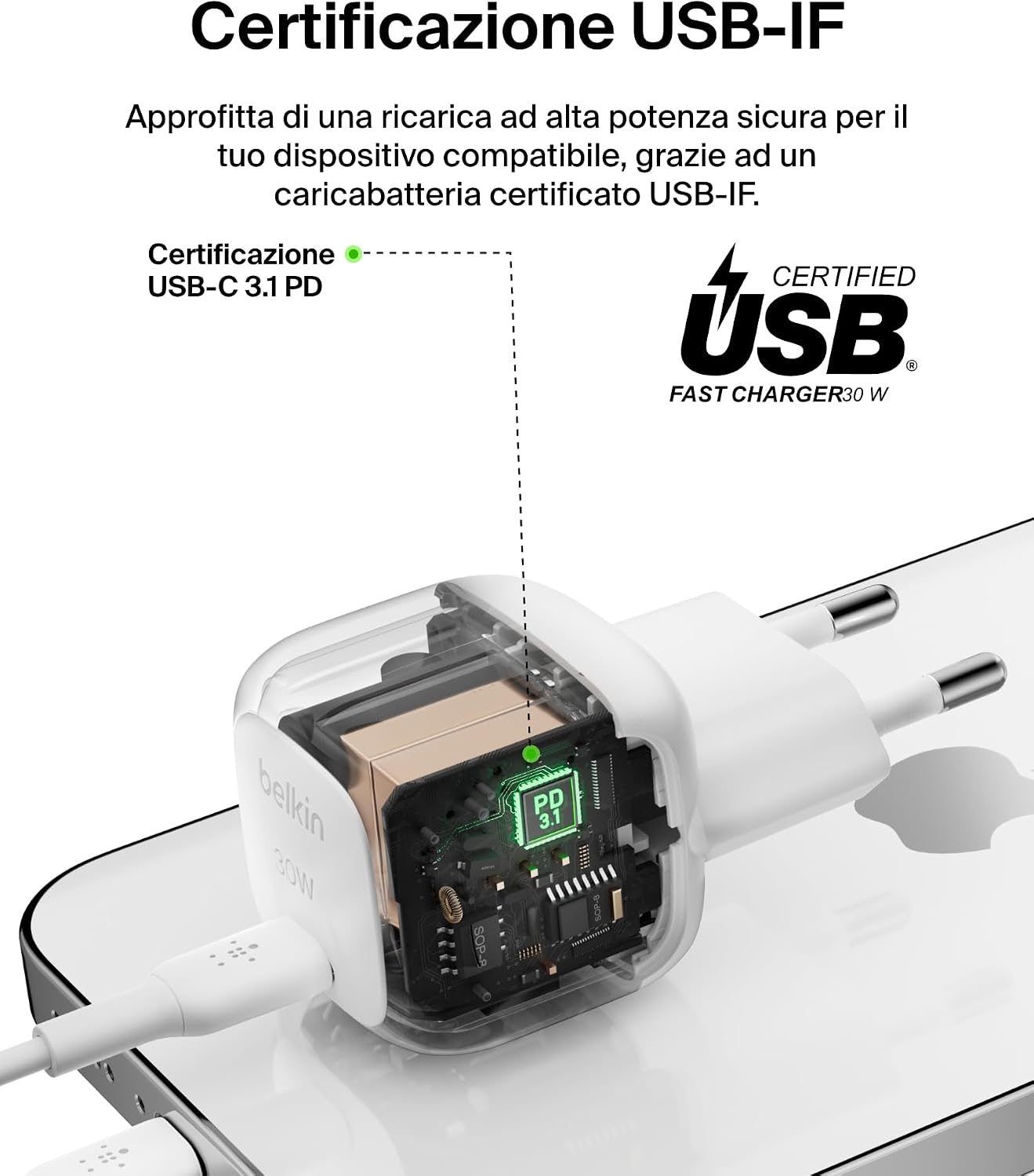 Belkin BoostCharge Caricabatterie da muro compatto da 30 W, caricatore USB-C rapido da viaggio per Apple iPhone, Samsung Galaxy, iPad, AirPods, tablet e altri, cavo da USB-C a C incluso, bianco - ChargeCover