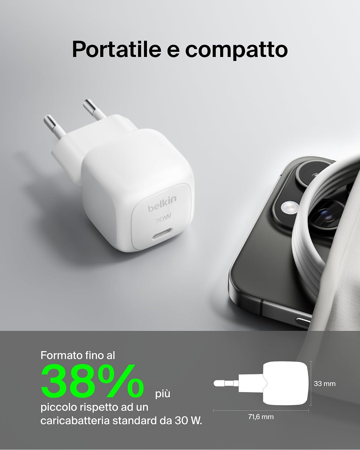 Belkin BoostCharge Caricabatterie da muro compatto da 30 W, caricatore USB-C rapido da viaggio per Apple iPhone, Samsung Galaxy, iPad, AirPods, tablet e altri, cavo da USB-C a C incluso, bianco - ChargeCover