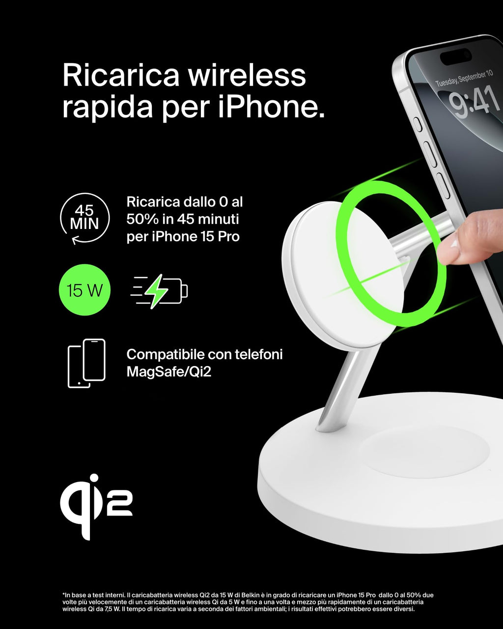 Belkin BoostCharge Caricatore 3 in 1 con Qi2, base di ricarica wireless compatibile con MagSafe, caricatore iPhone 17, Air, Pixelsnap, Apple Watch e AirPods, alimentatore incluso - Nero - ChargeCover