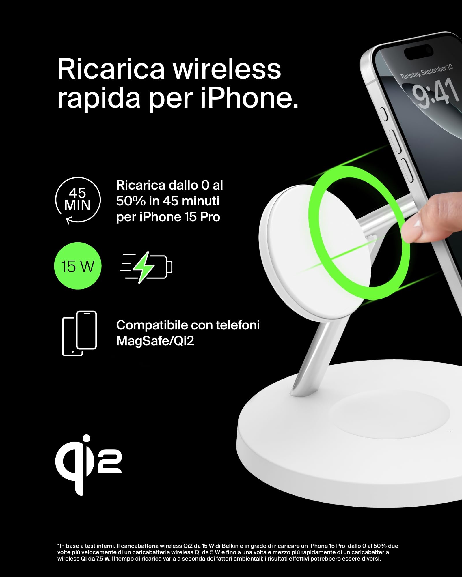 Belkin BoostCharge Caricatore 3 in 1 con Qi2, base di ricarica wireless compatibile con MagSafe, caricatore iPhone 17, Air, Pixelsnap, Apple Watch e AirPods, alimentatore incluso - Nero - ChargeCover