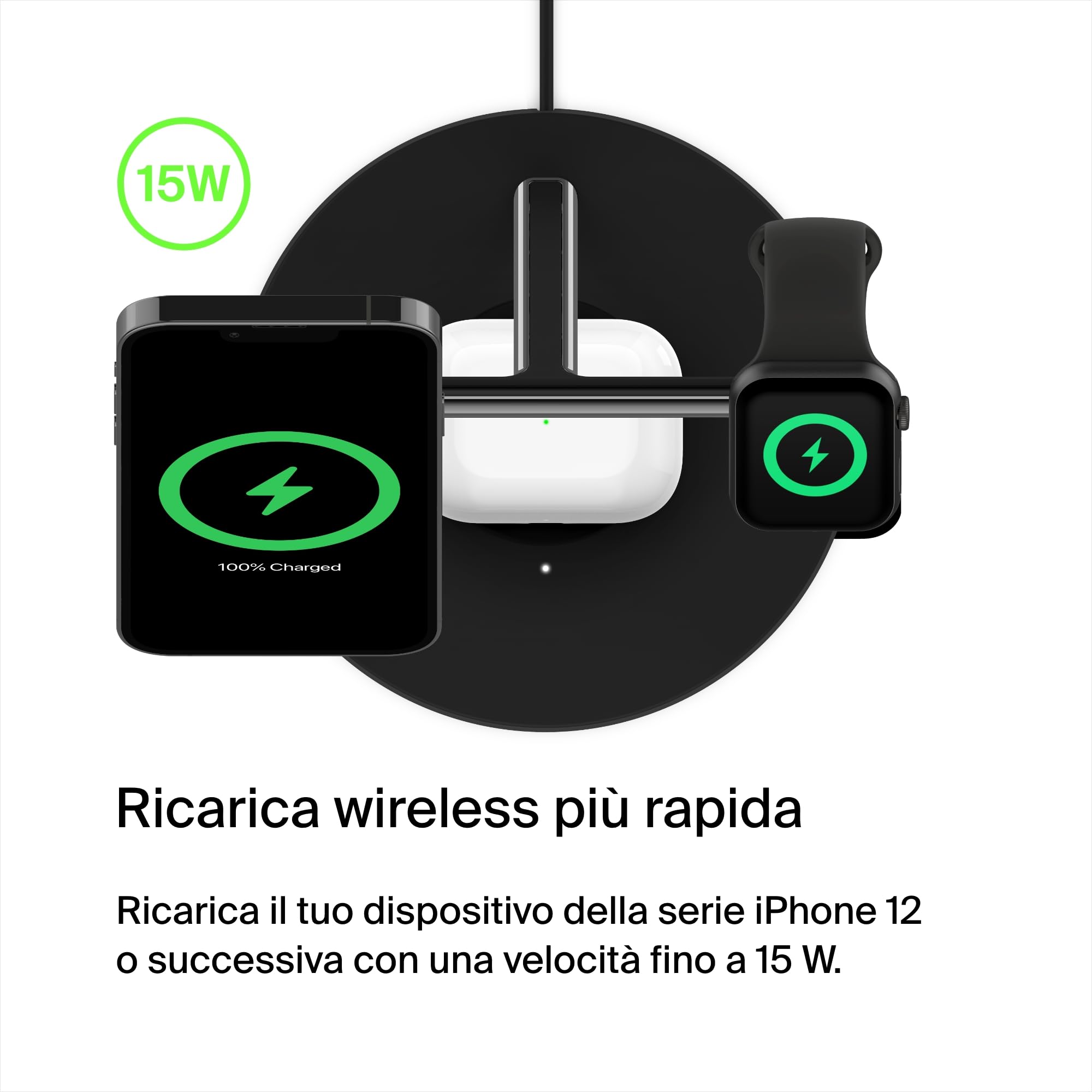 Belkin BoostCharge Caricatore 3 in 1 con Qi2, base di ricarica wireless compatibile con MagSafe, caricatore iPhone 17, Air, Pixelsnap, Apple Watch e AirPods, alimentatore incluso - Nero - ChargeCover