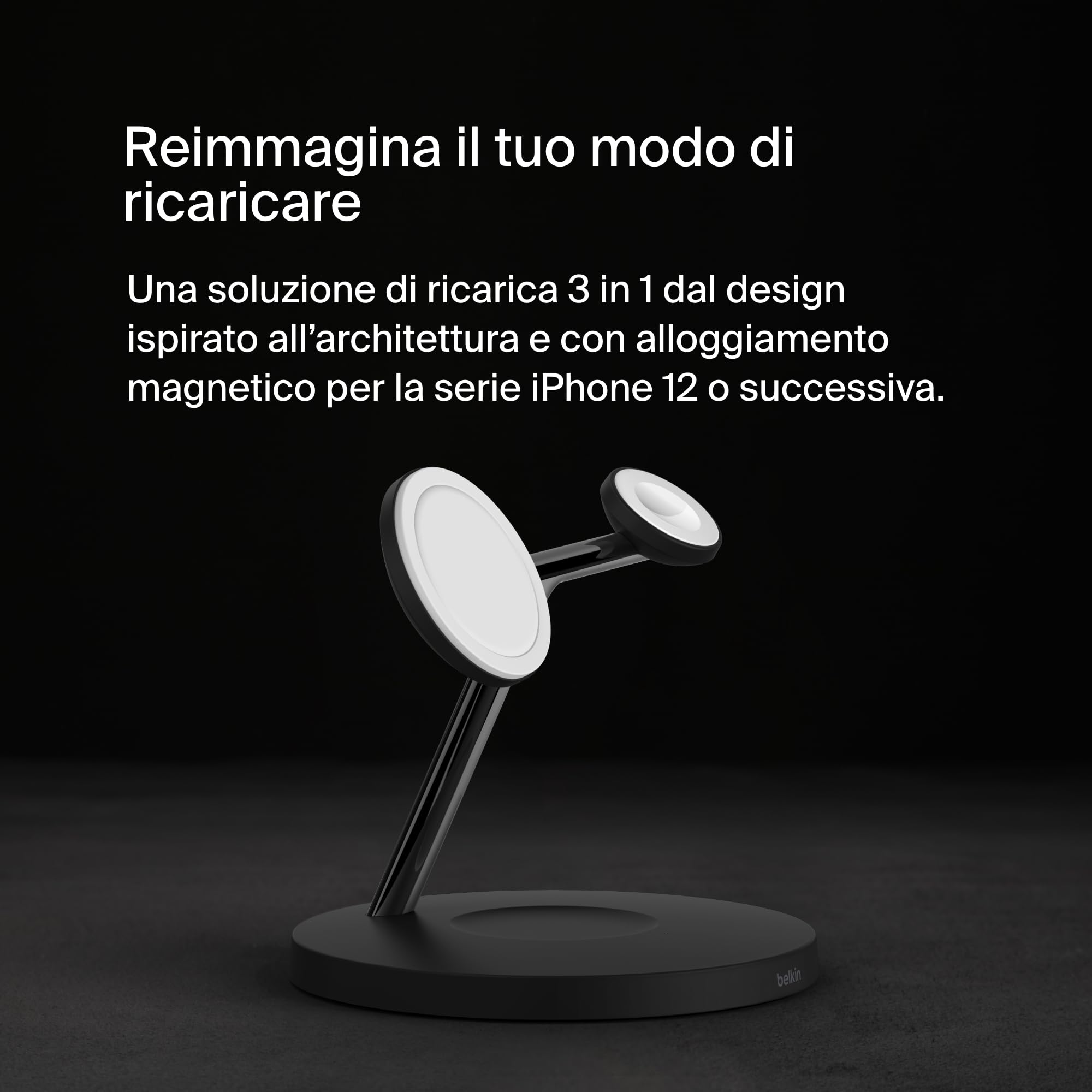 Belkin BoostCharge Caricatore 3 in 1 con Qi2, base di ricarica wireless compatibile con MagSafe, caricatore iPhone 17, Air, Pixelsnap, Apple Watch e AirPods, alimentatore incluso - Nero - ChargeCover