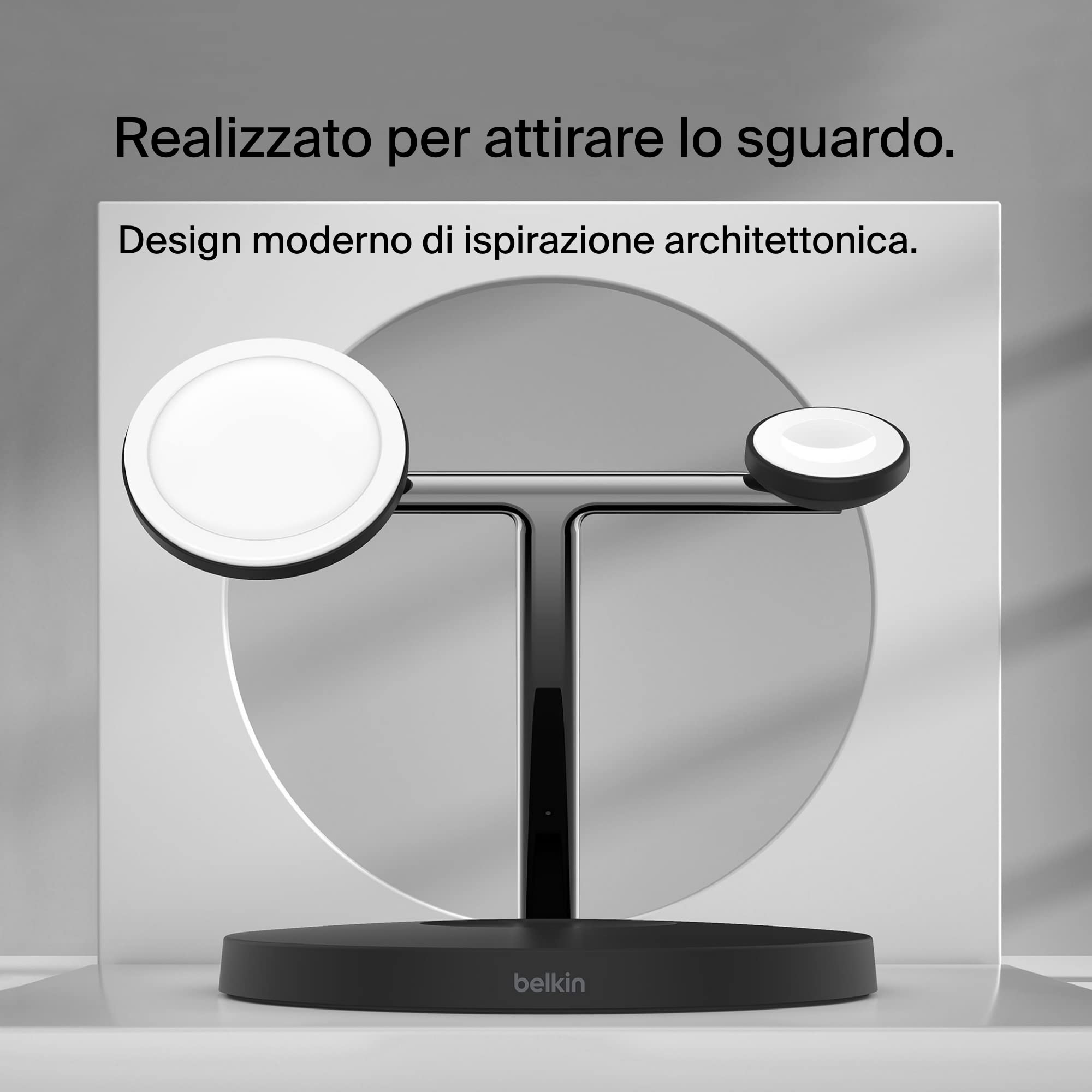 Belkin BoostCharge Caricatore 3 in 1 con Qi2, base di ricarica wireless compatibile con MagSafe, caricatore iPhone 17, Air, Pixelsnap, Apple Watch e AirPods, alimentatore incluso - Nero - ChargeCover