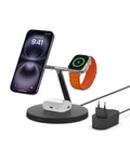 Belkin BoostCharge Caricatore 3 in 1 con Qi2, base di ricarica wireless compatibile con MagSafe, caricatore iPhone 17, Air, Pixelsnap, Apple Watch e AirPods, alimentatore incluso - Nero - ChargeCover