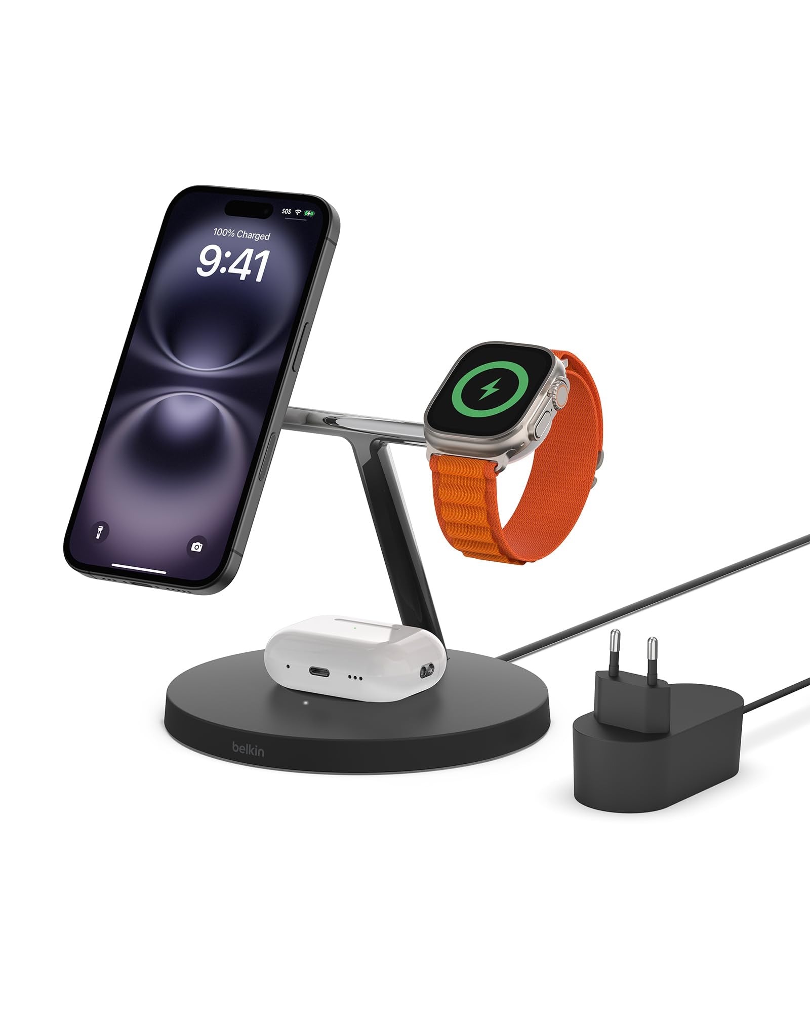 Belkin BoostCharge Caricatore 3 in 1 con Qi2, base di ricarica wireless compatibile con MagSafe, caricatore iPhone 17, Air, Pixelsnap, Apple Watch e AirPods, alimentatore incluso - Nero - ChargeCover